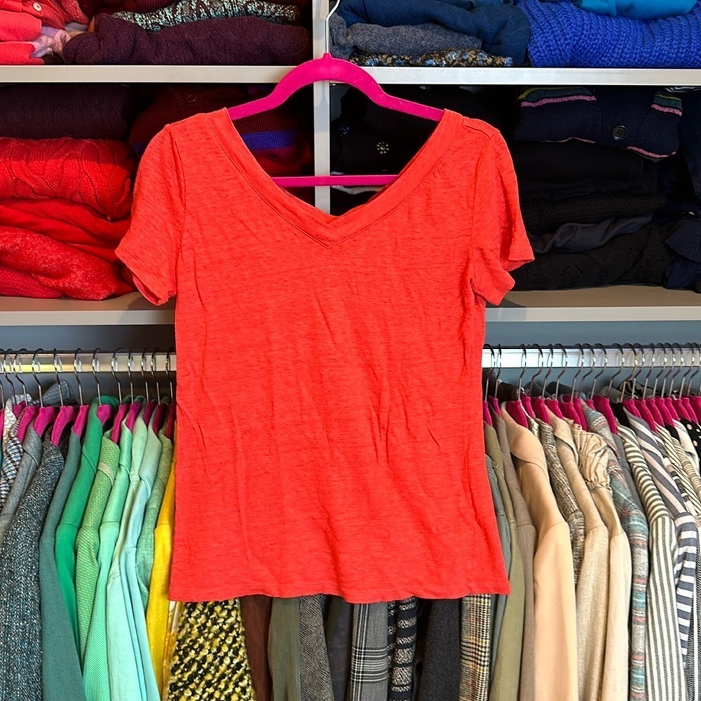 Talbots red short sleeve v neck linen blend top size XS
